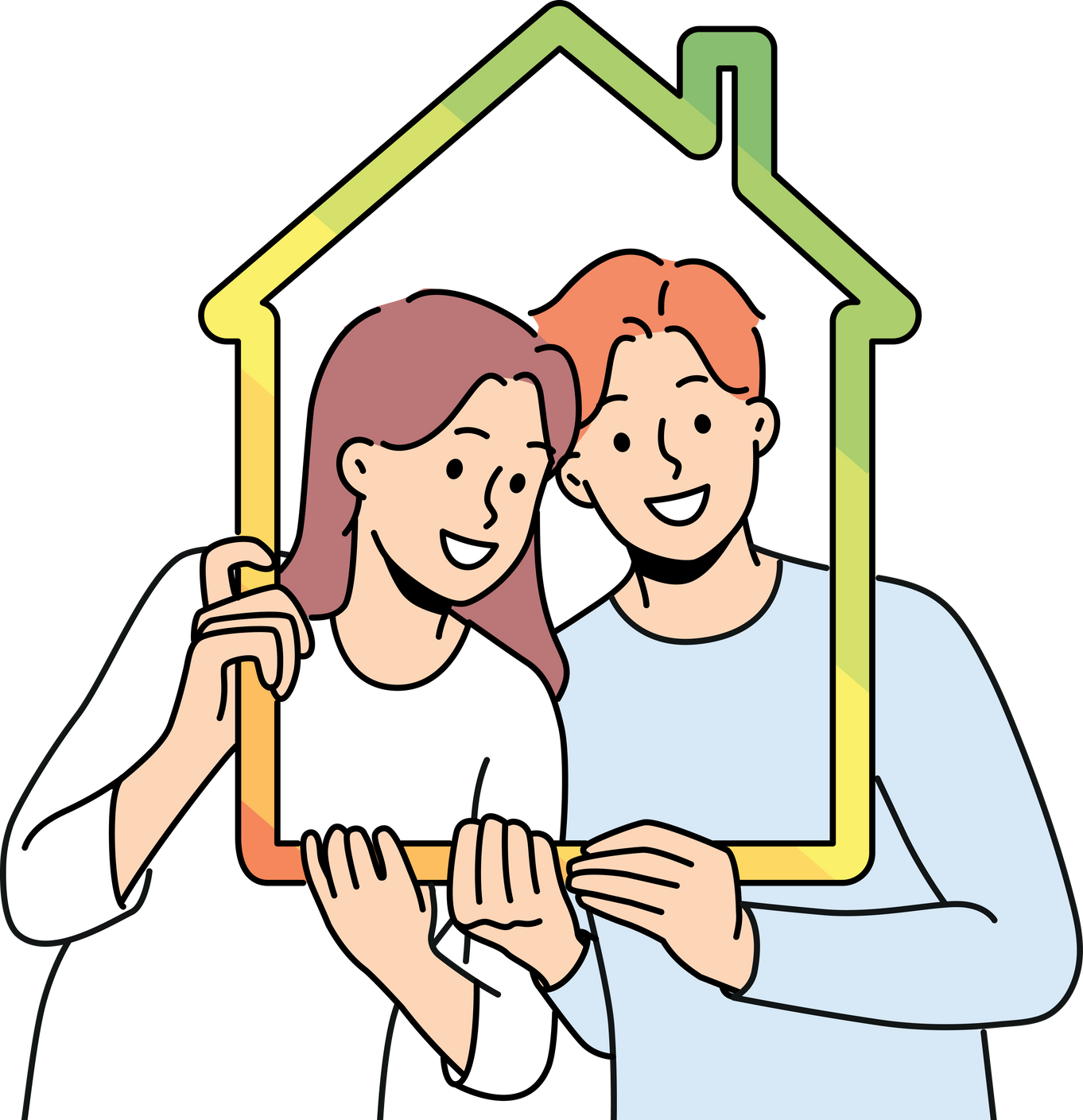 Man and woman with house outline symbolizing  property and energy efficient housing